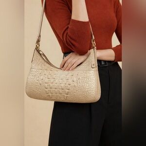 Brahmin Croc Embossed Leather Hobo‎ Bag Designer Purse Beige Gold Accents